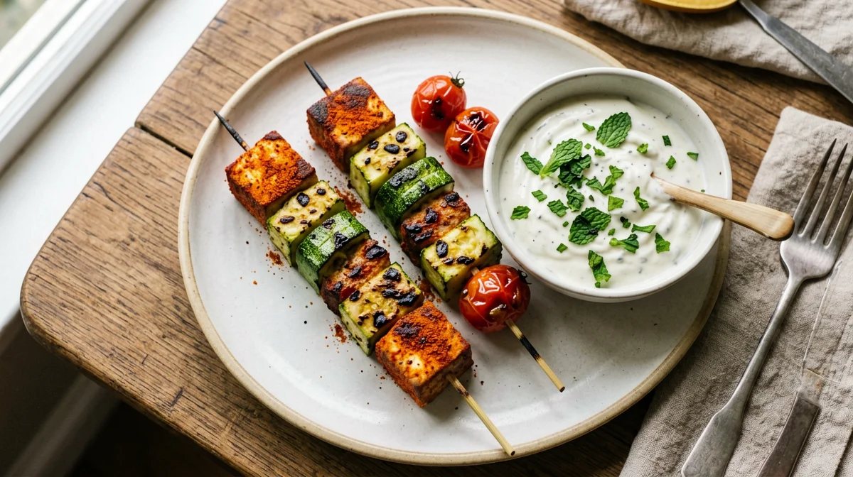 Spiedini di tempeh e zucchine con salsa allo yogurt di soia e menta