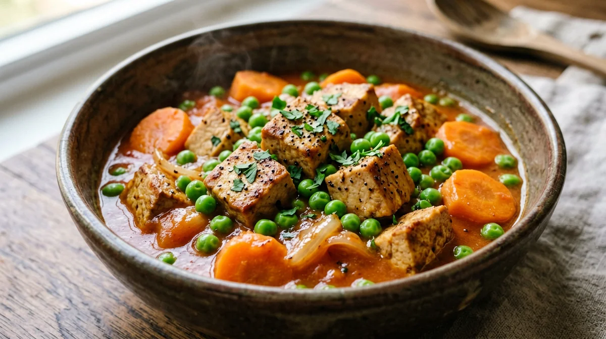 Tempeh in umido con piselli e carote