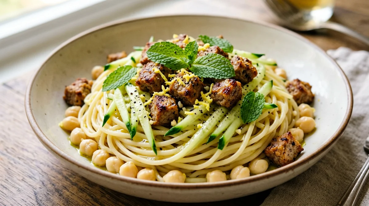 Pasta di ceci con tempeh, zucchine e menta