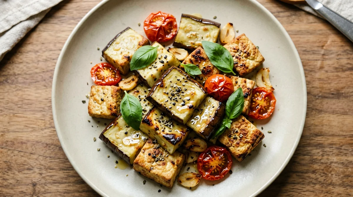 Tempeh con melanzane al forno e pomodorini