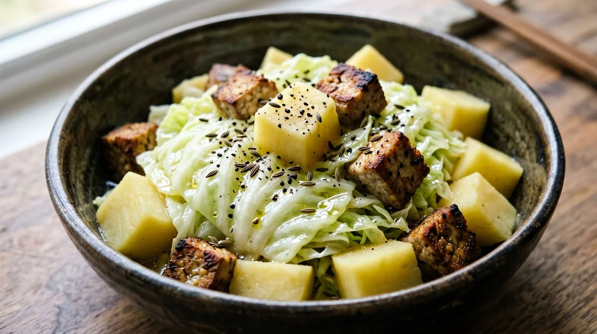 Braised tempeh and savoy cabbage with caraway and potatoes