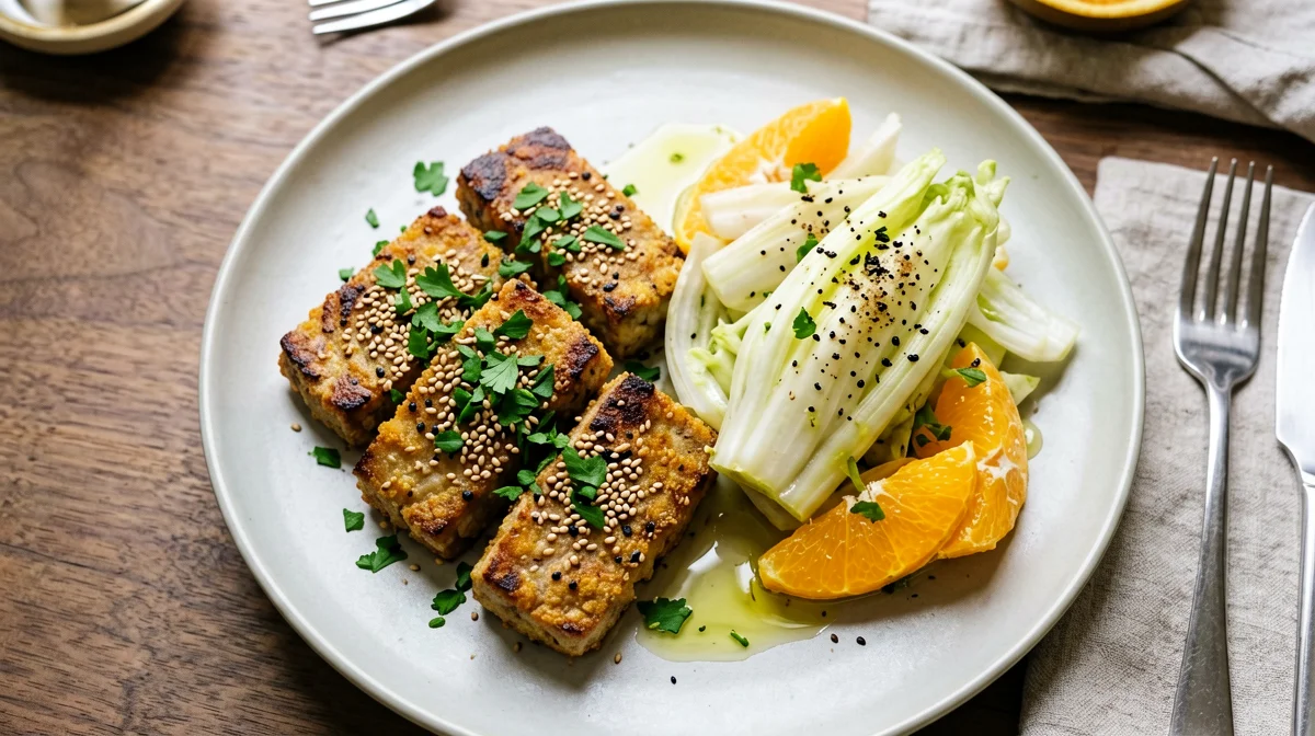 Sesame and herb crusted tempeh with fennel salad
