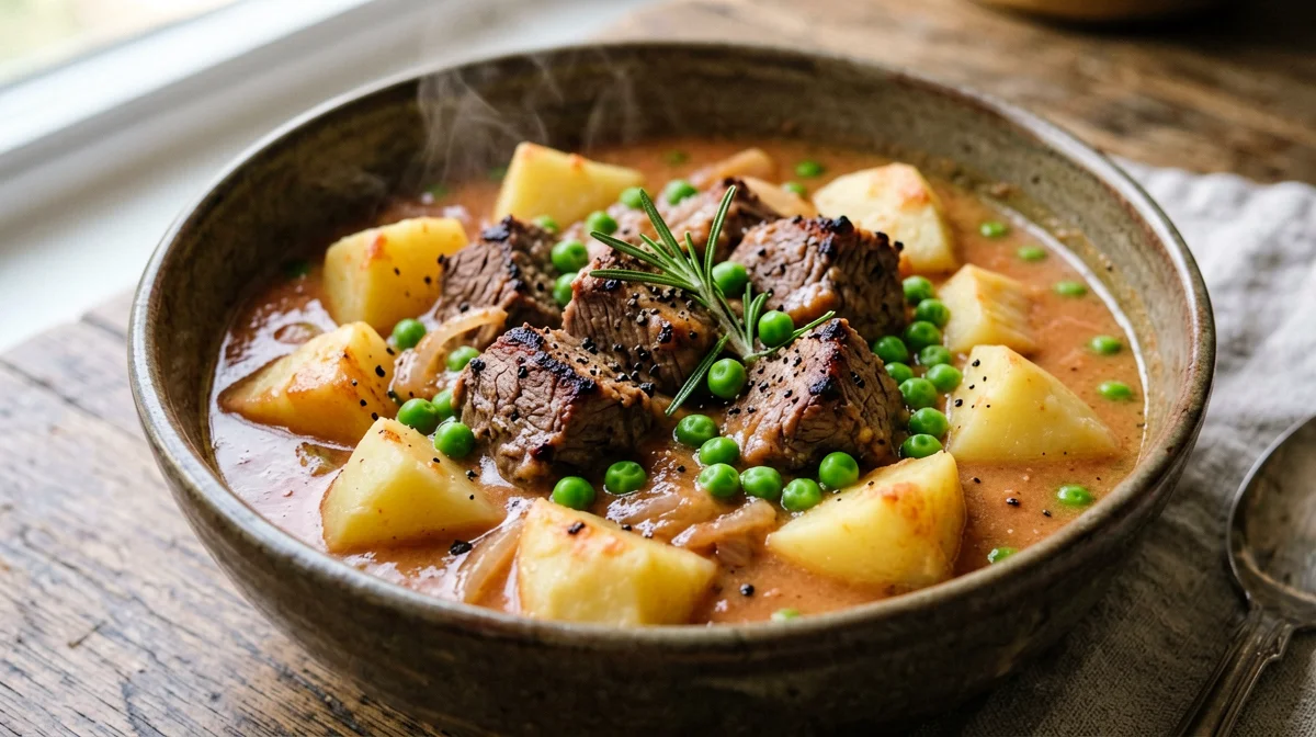 Seitan stew with peas and potatoes