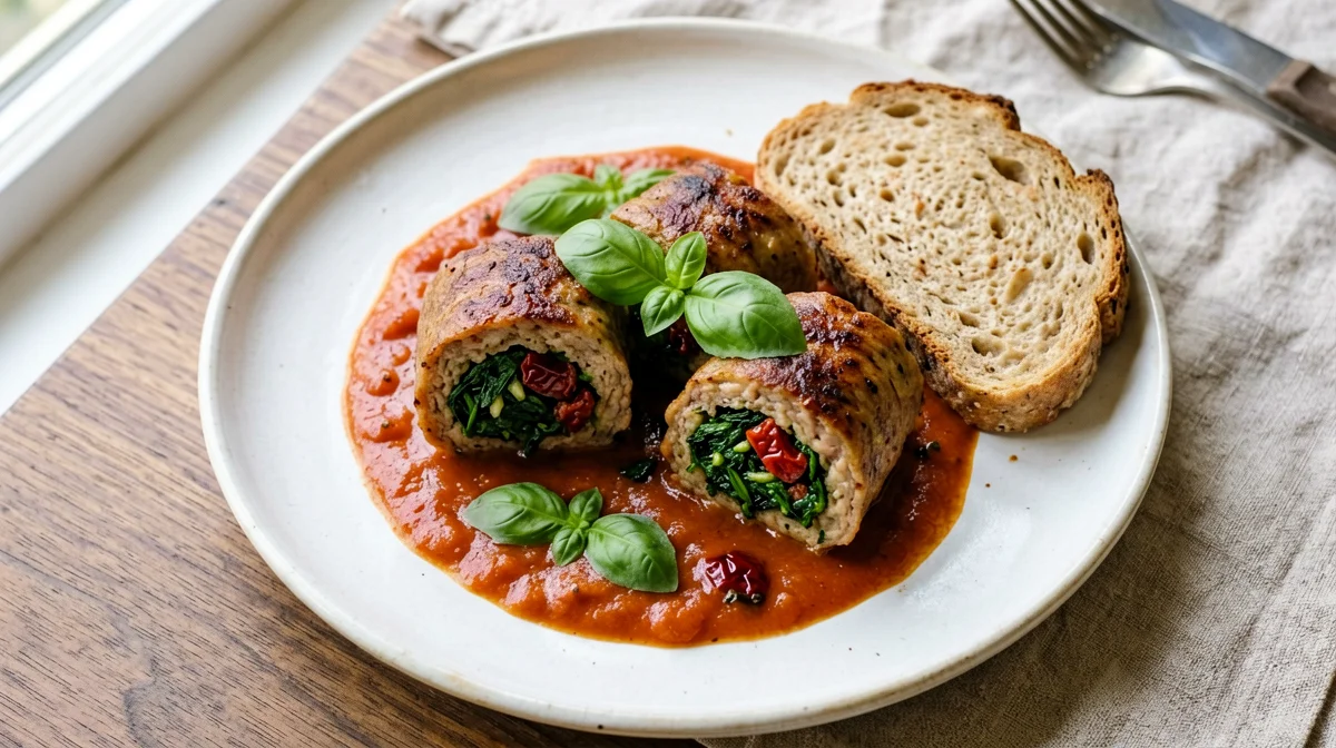 Seitan rolls with spinach and sun-dried tomatoes