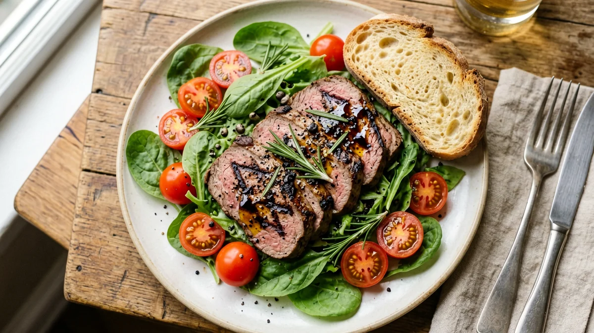 Seitan tagliata with rocket, cherry tomatoes and balsamic