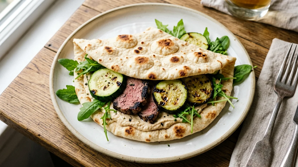 Piadina with seitan, rocket and grilled vegetables