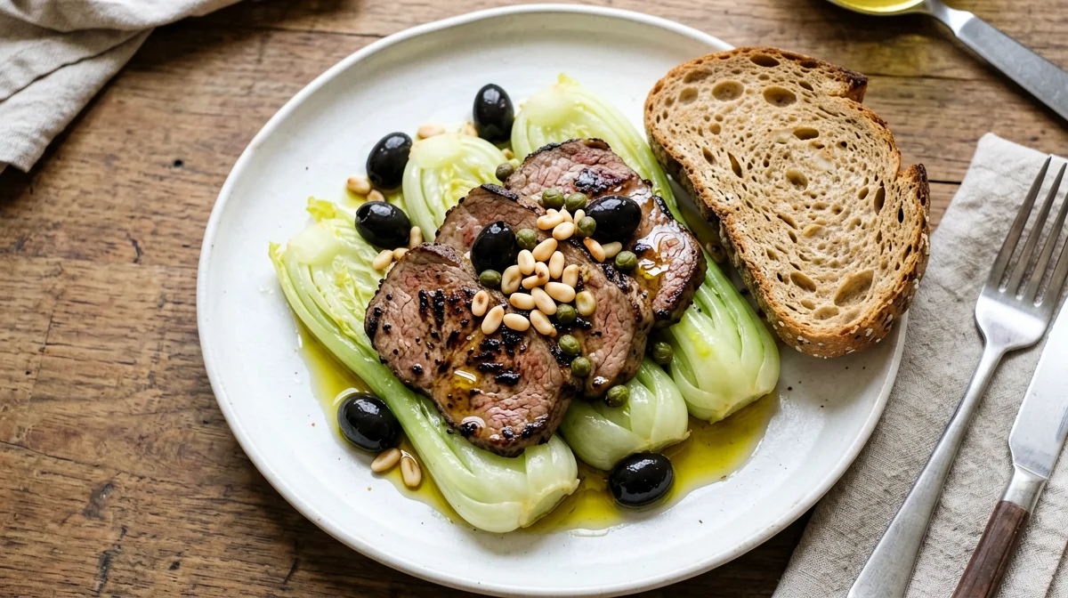 Seitan with olives and braised escarole