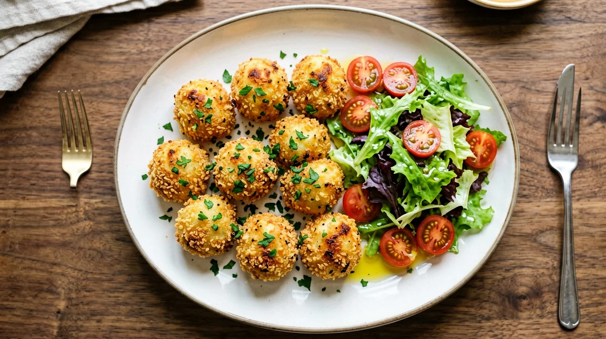 Baked seitan and potato balls with salad