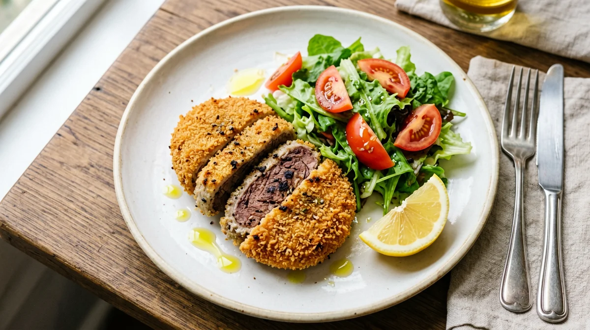 Oven-baked seitan Milanese with salad