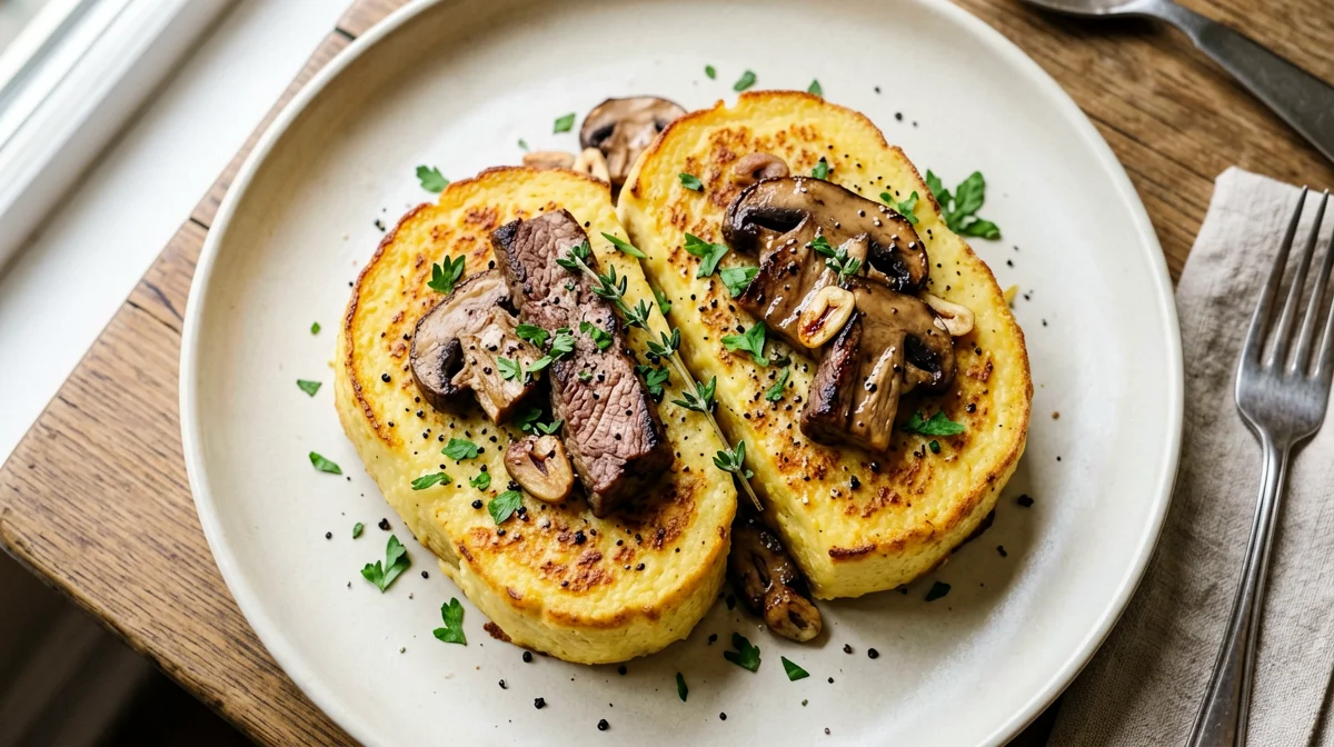 Seitan with porcini mushrooms and grilled polenta