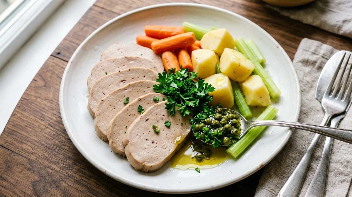 Homemade seitan with boiled vegetables and salsa verde