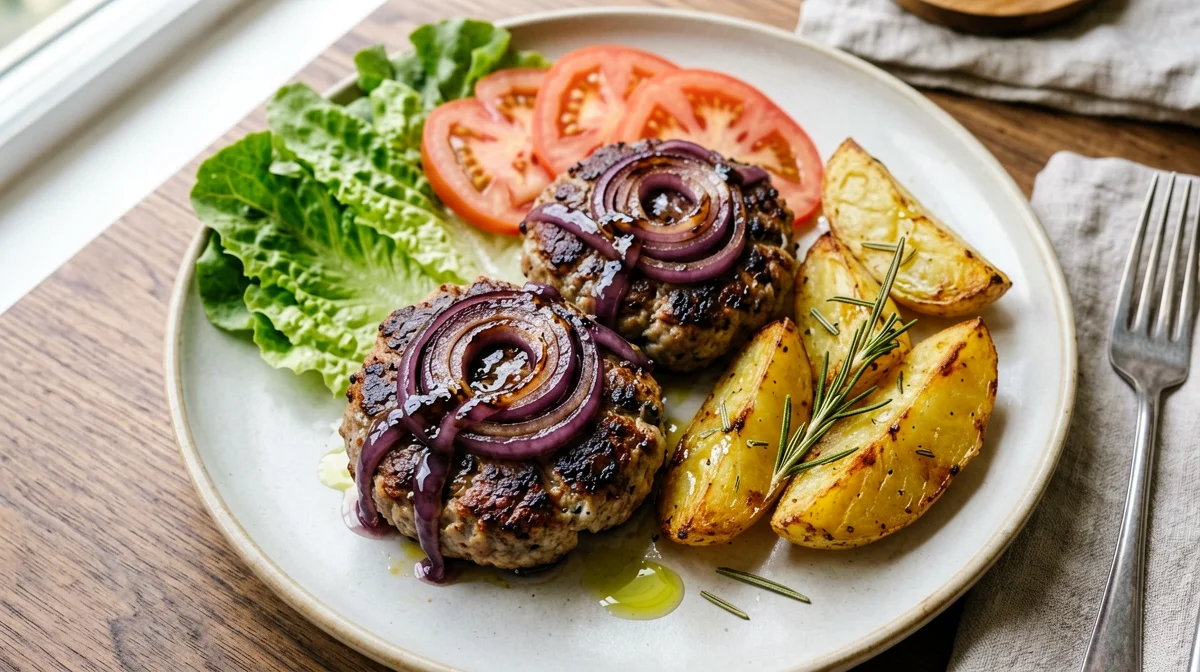 Plant burger with caramelised onions and roast potatoes