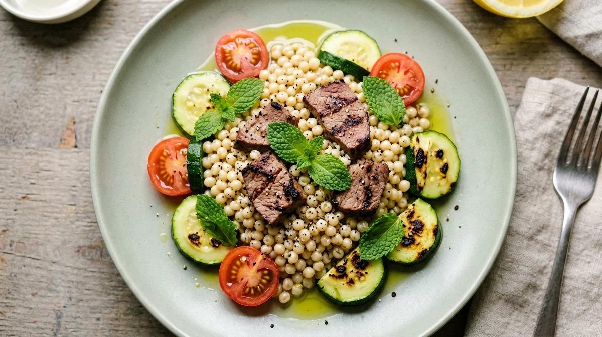 Grilled seitan, barley and zucchini salad