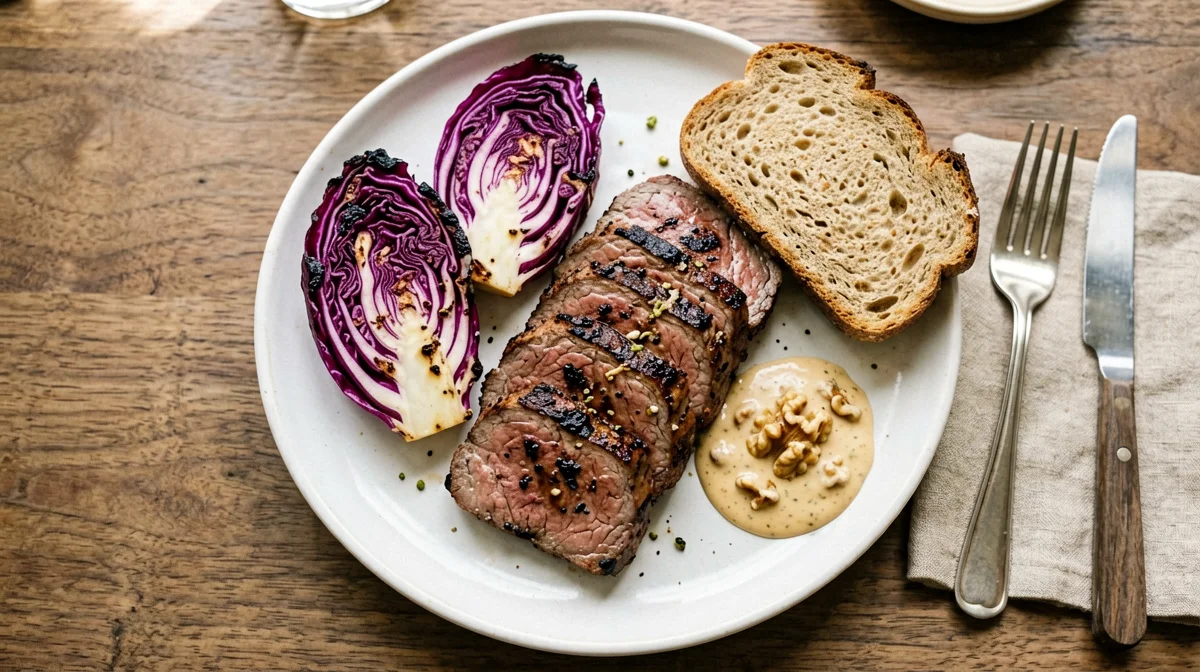 Tagliata di seitan con salsa di noci e radicchio