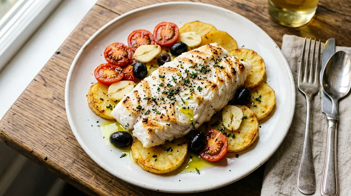 Merluzzo al forno con patate, pomodorini e olive nere