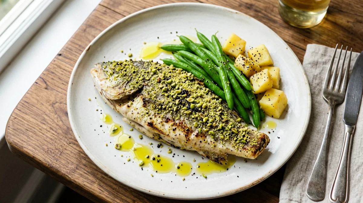 Pistachio-crusted sea bass with lemony green beans