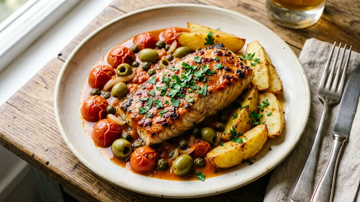 Swordfish alla ghiotta with potatoes