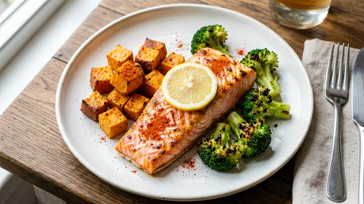 Baked salmon with sweet potatoes and broccoli