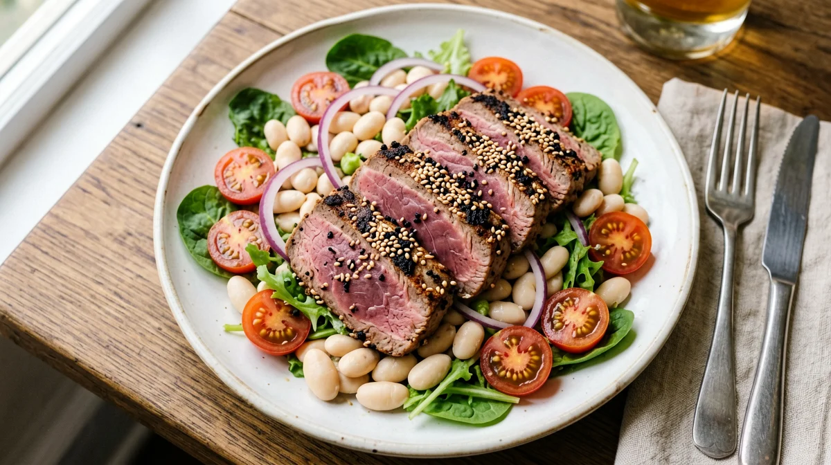 Sesame-seared tuna with cannellini bean salad