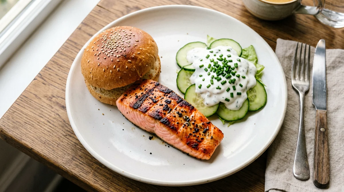 Salmon burger with cucumber salad and multigrain bread