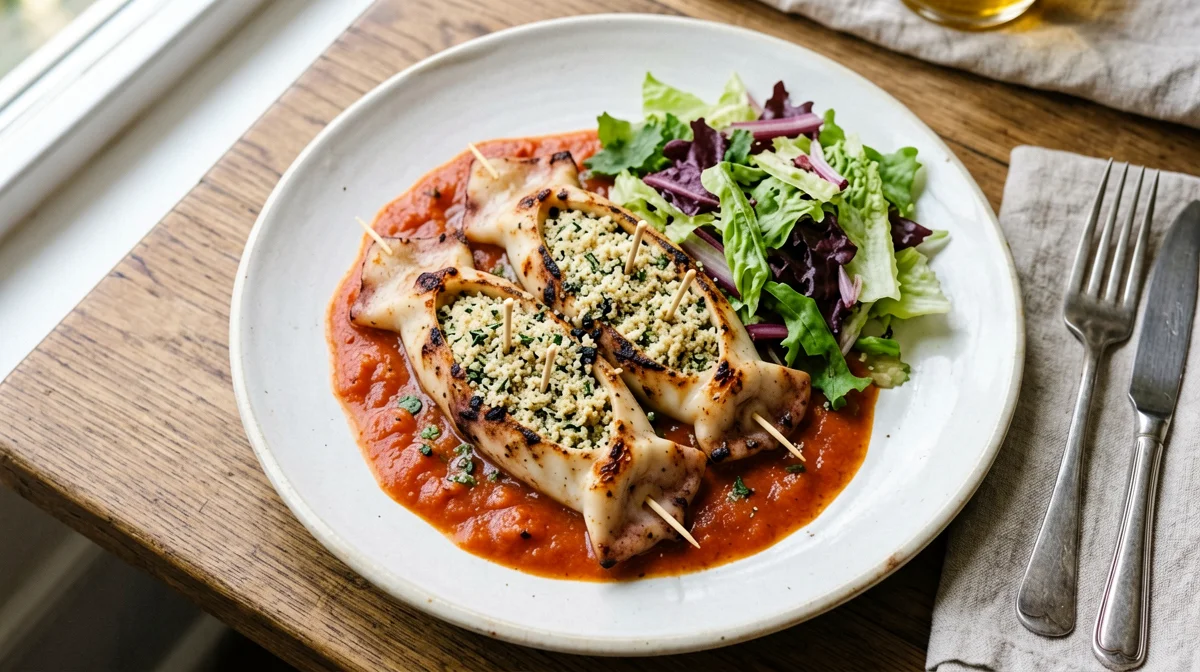 Baked stuffed squid with salad