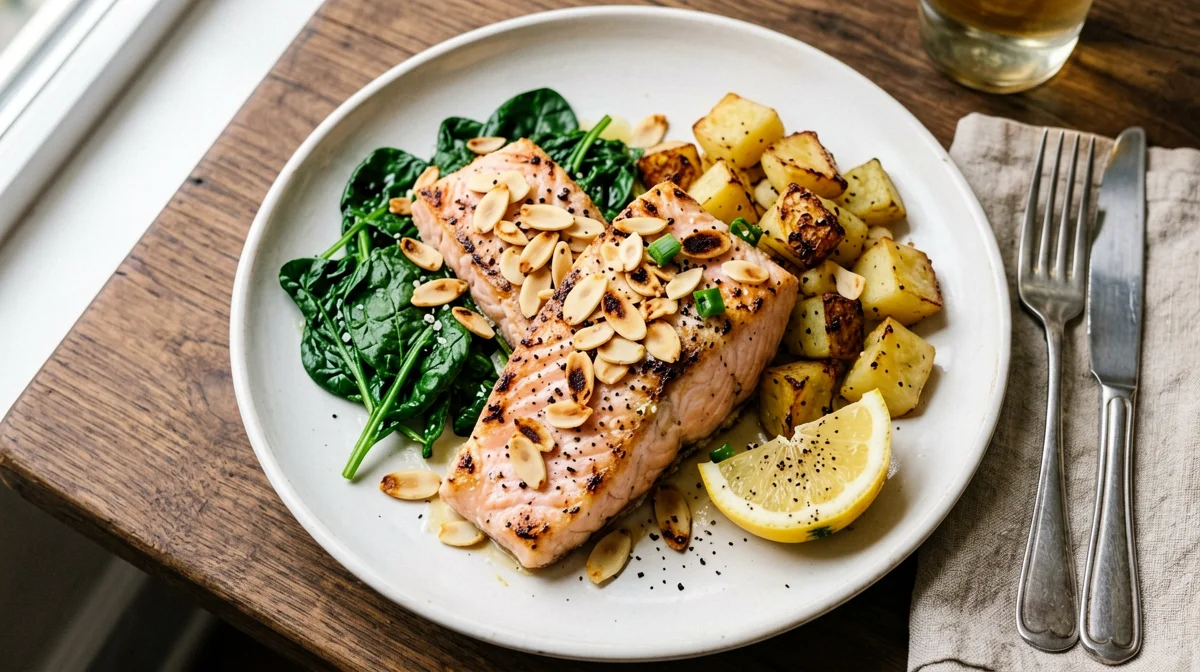 Baked trout with almonds, spinach and potatoes