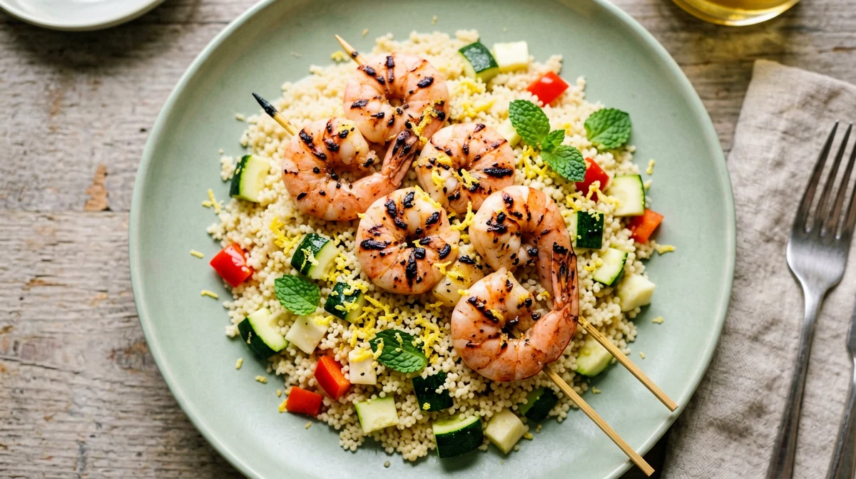 Grilled prawns with vegetable couscous