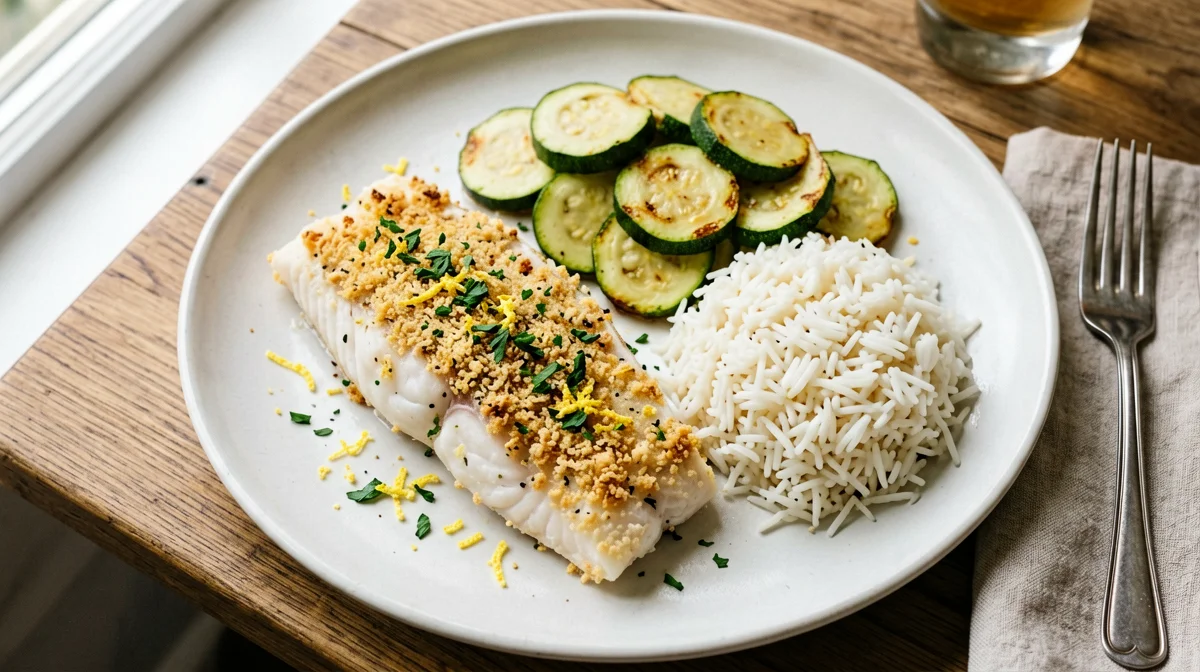 Filetti di platessa gratinati con zucchine e riso basmati