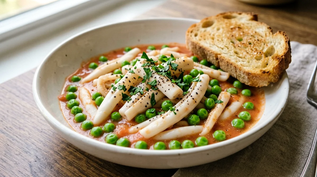 Seppie con piselli e pane tostato