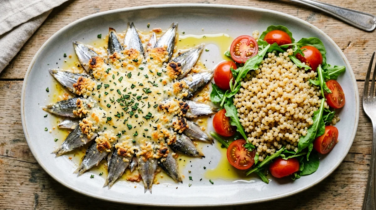 Alici gratinate con pomodorini e insalata di farro