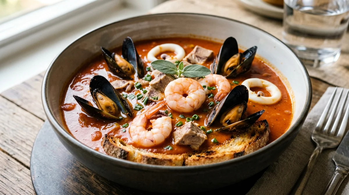 Light cacciucco with garlic toast