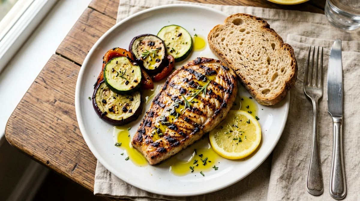 Grilled amberjack with salmoriglio and grilled vegetables