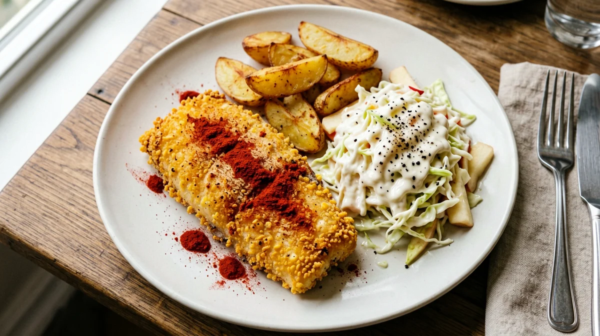 Cornmeal-crusted tilapia with cabbage and apple slaw