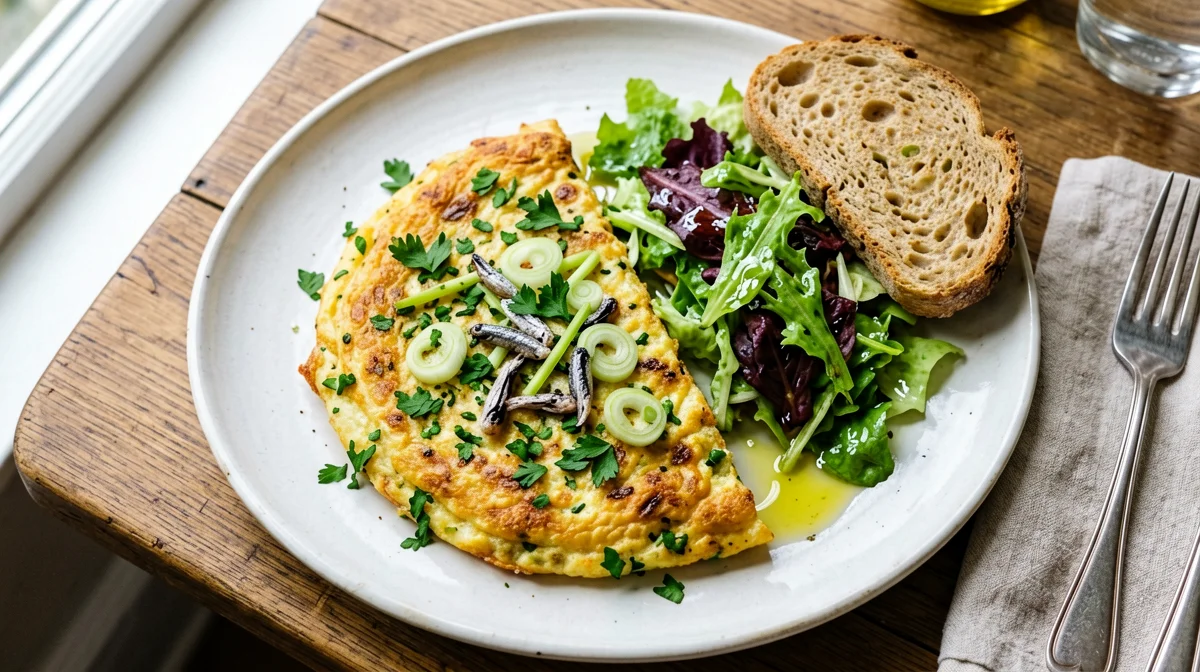 Anchovy and spring onion frittata with salad