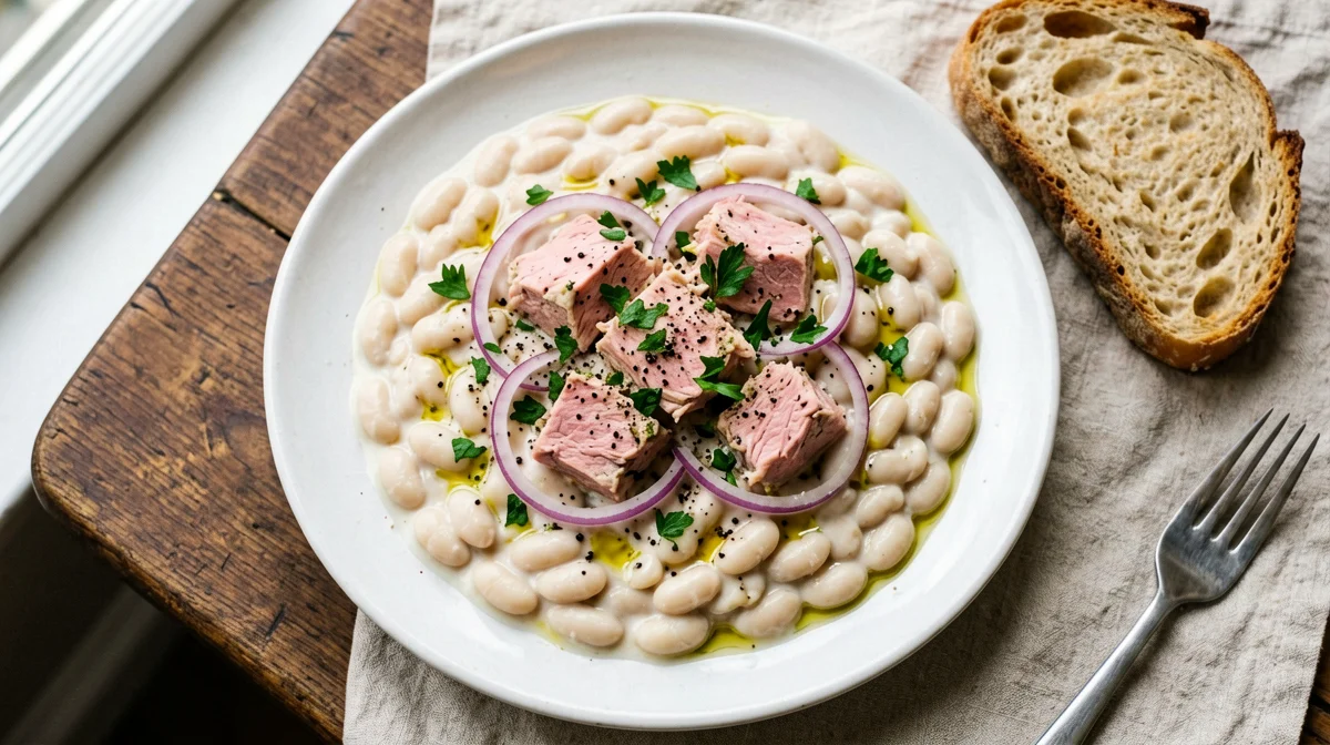 Tonno sott'olio, fagioli e cipolla rossa con pane