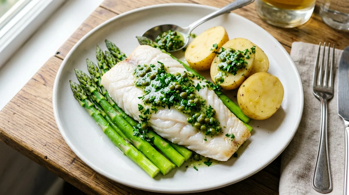 Halibut al vapore con salsa verde e patate novelle