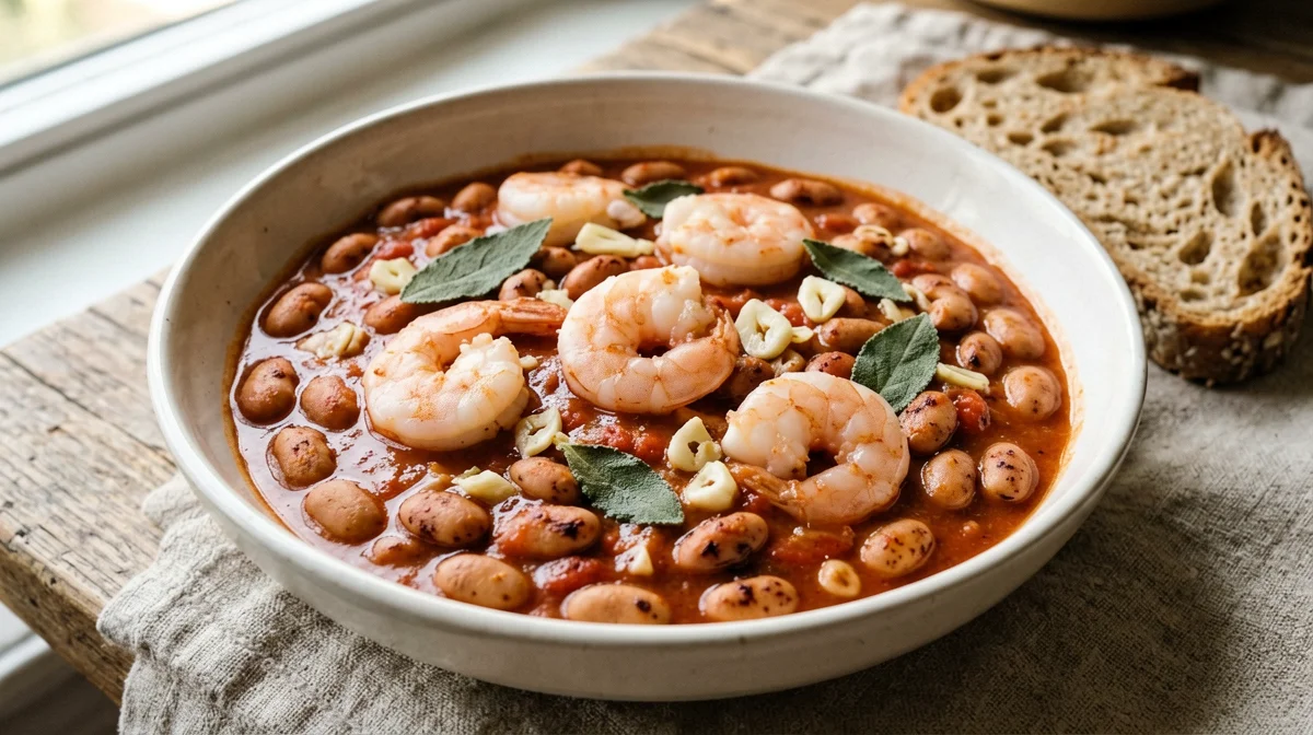 Gamberi e fagioli borlotti all'uccelletto con salvia
