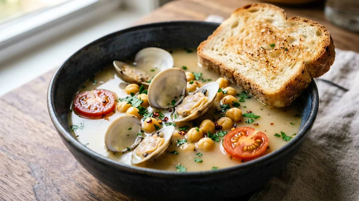 Clam and chickpea soup with toast