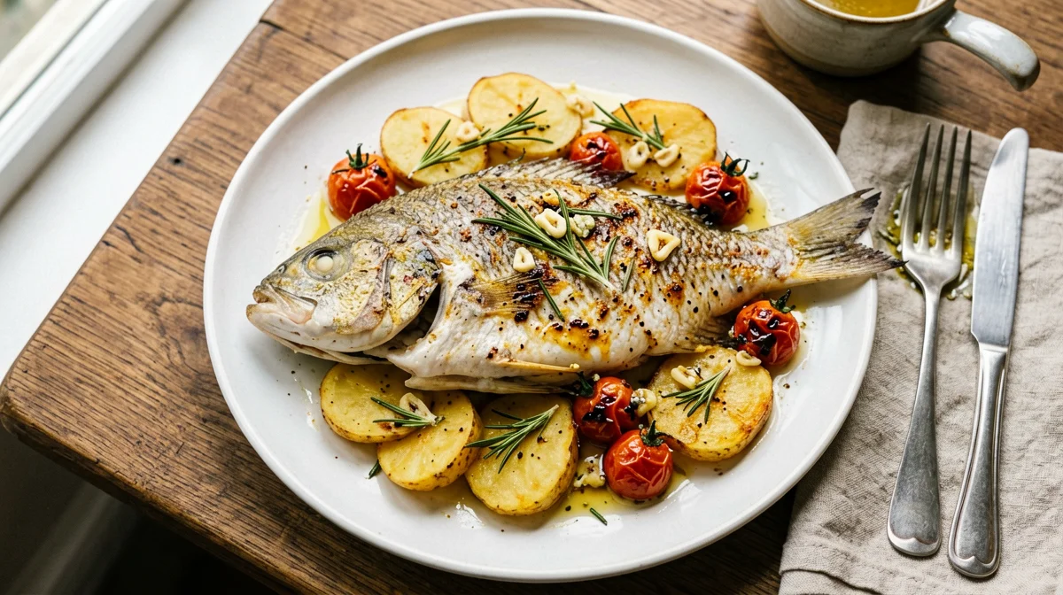 Baked dentex with potatoes and cherry tomatoes