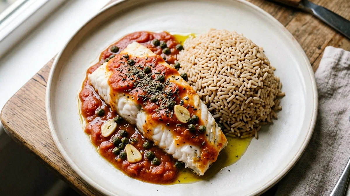 Pangasius pizzaiola with brown rice