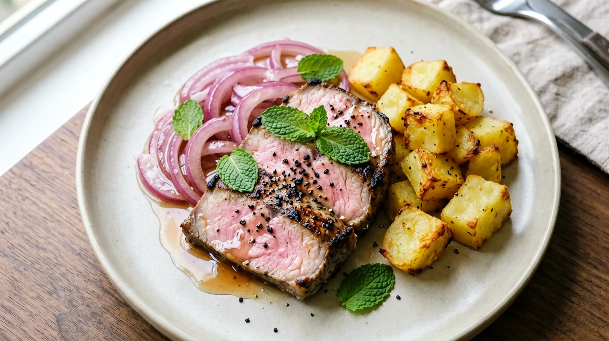 Palamita in agrodolce con cipolle e patate al forno