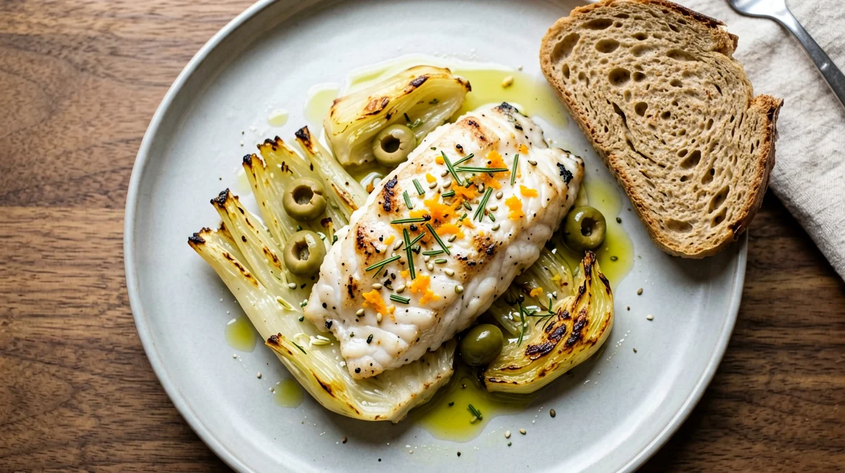 Cefalo al forno con finocchi, olive e pane integrale