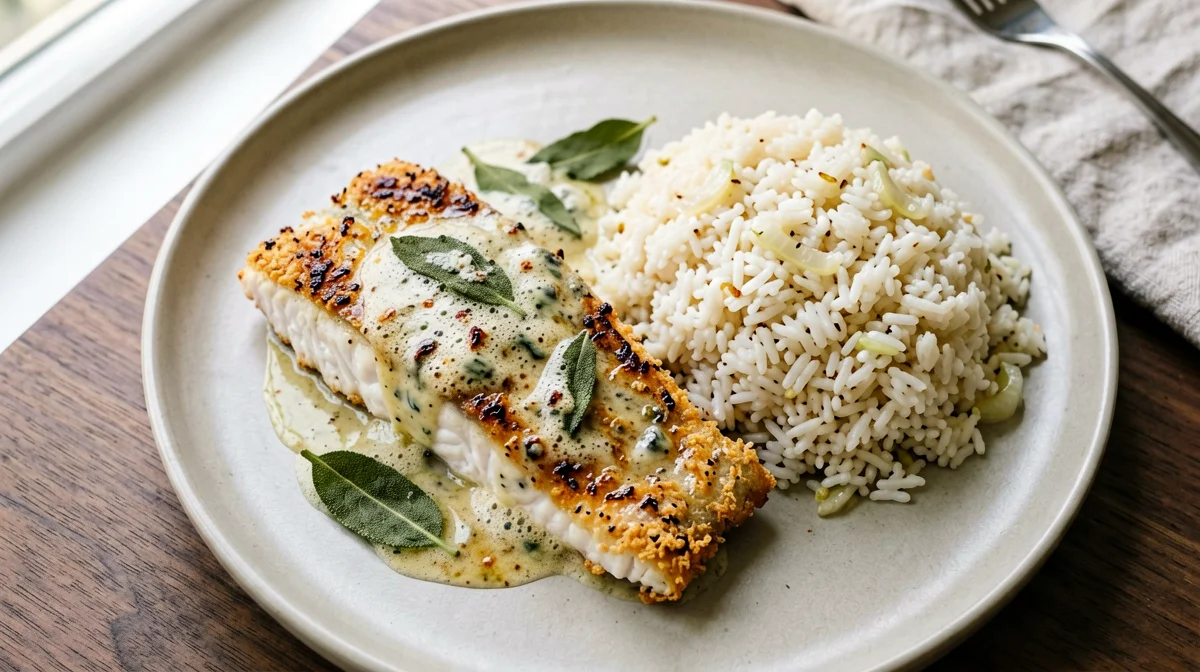 Filetti di persico alla salvia con riso pilaf