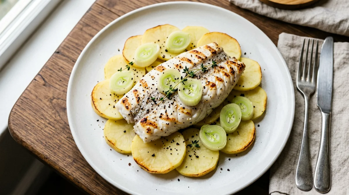 Baked haddock with leeks and potatoes