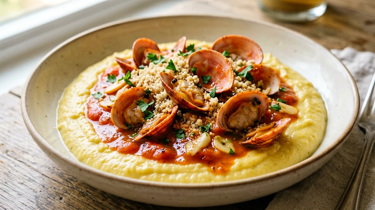Scampi alla busara con polenta morbida