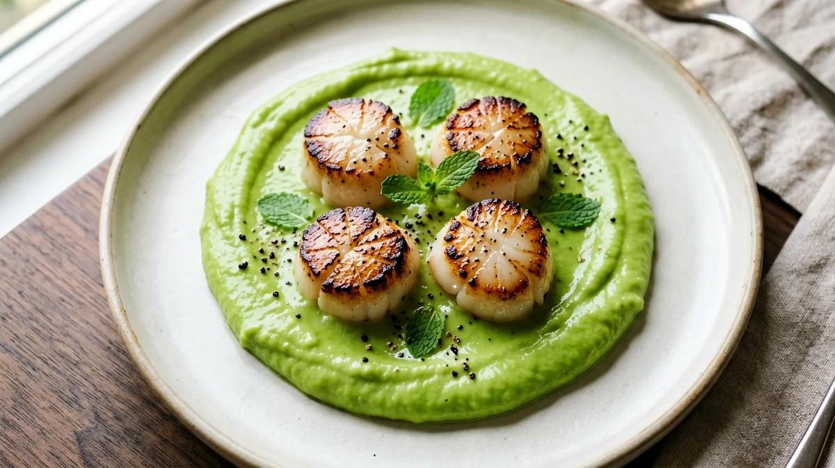 Seared scallops with pea and potato purée