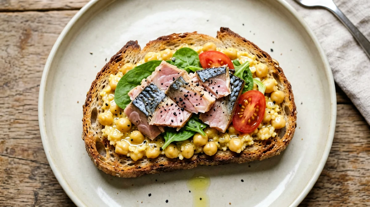 Bruschettone con sgombro, ceci schiacciati e rucola