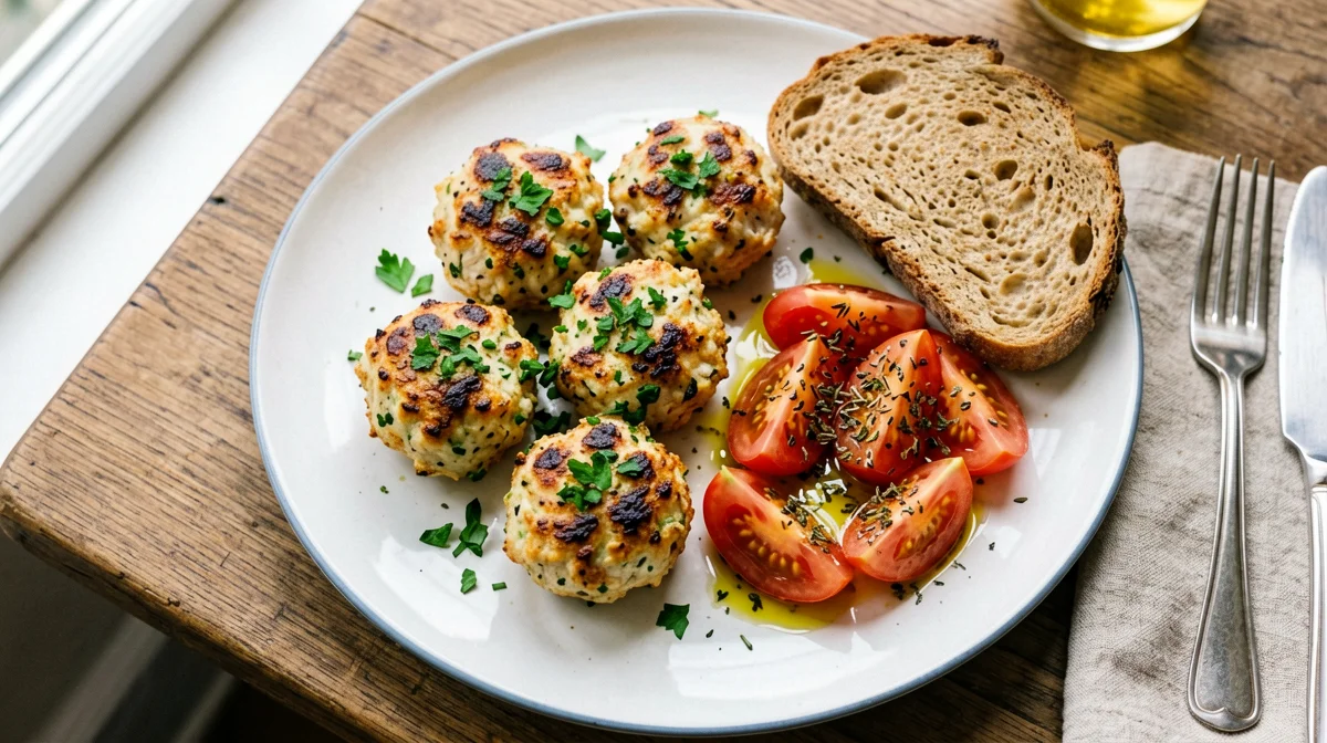 Baked tuna and ricotta balls with tomato salad