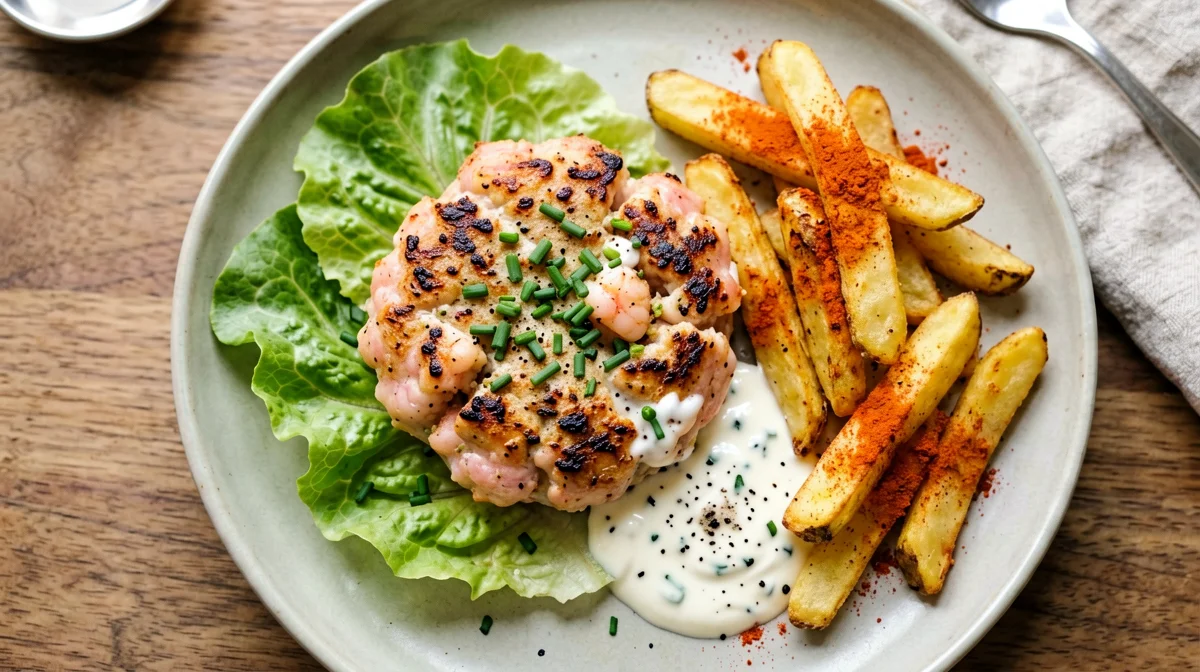 Prawn burger with yogurt sauce and oven fries
