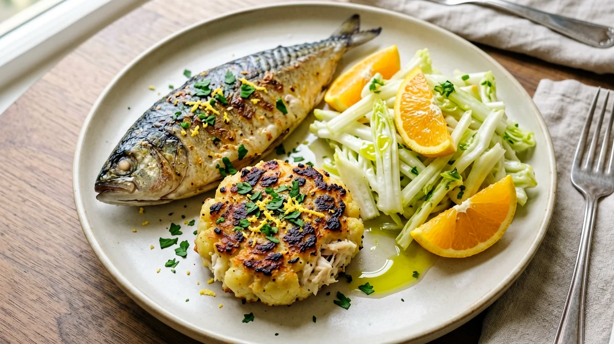 Hamburger di sgombro e patate con insalata di finocchi